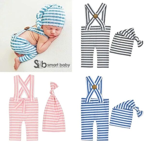 Newborn Striped Suspenders Long Tail Knitted Hat Photography Props.