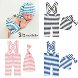 Newborn Striped Suspenders Long Tail Knitted Hat Photography Props.